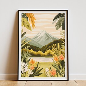 Póster de pico de montaña, exuberantes plantas tropicales, arte botánico, impresión, decoración de pared de naturaleza, paisaje moderno, decoración del hogar, póster tranquilo, verde y naranja