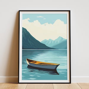 Póster de barco con serenidad en el lago, impresión artística de paisaje de lago de montaña, escena de naturaleza con aguas tranquilas, barco tranquilo en el lago, decoración minimalista moderna, arte de pared