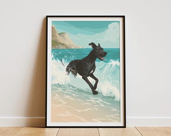 Great Dane Dog Beach Art Print Happy Black Great Dane Splashing in Ocean Waves Hawaii Tropical Wall Art Decor