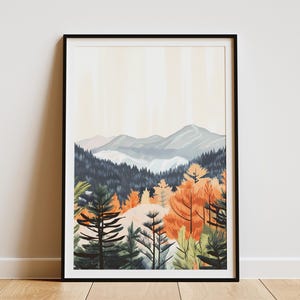 Impresión artística de paisaje de niebla de bosque de montaña, decoración de pared de naturaleza abstracta, decoración del hogar boho, póster de pino, naturaleza tranquila minimalista moderna