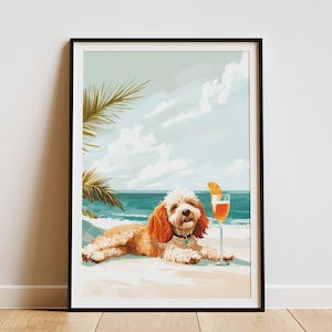 Stampa artistica con cane da spiaggia Cockapoo, poster estivo per cani, cucciolo carino in riva all'oceano, decorazione per cani costiera, regalo per amanti degli animali, arte murale per cani, ritratto di animale domestico adorabile