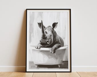 Rhino in Bathtub Poster Animal Art Print Bathroom Wall Decor Minimalist Art Wildlife Poster Funny Animal Print Unique Home Decor Rhino Art