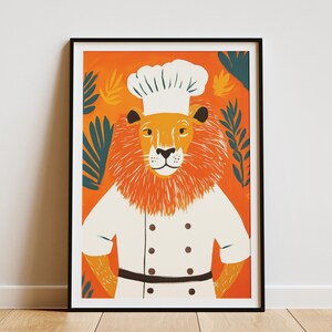 Impresión artística de chef león, póster divertido de animales, arte de cocina, decoración de pared peculiar, ilustración caprichosa, regalo para amantes de los leones, idea de regalo de chef