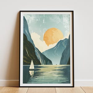 Póster de Milford Sound, Nueva Zelanda, arte minimalista, impresión artística, decoración de pared de viaje, decoración del hogar, arte de montaña, atardecer en el océano
