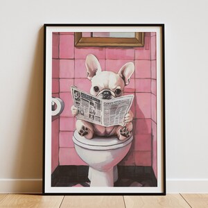 Impresión artística de cachorro de bulldog francés en el inodoro, periódico, decoración de pared para baño, póster divertido de animales, regalo para amantes de los perros, arte novedoso para el baño