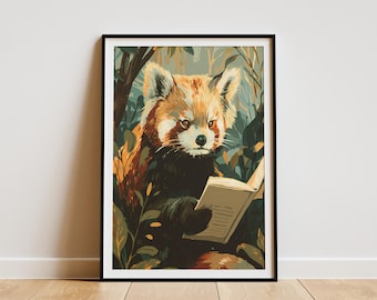 Whimsical Red Panda Reading Book Art Print Enchanting Forest Animal Wall Decor Cute Woodland Nature Art Unique Gift for Book Lovers Nursery