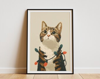 Christmas Cat with Holiday Lights Wall Art Print Festive Kitten Poster Winter Animal Decor Cat Lover Gift