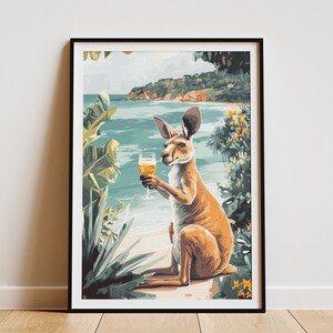 Póster de canguro en la playa, impresión artística de animales costeros, vacaciones de verano, decoración de playa tropical, animal divertido, canguro lindo, australiano