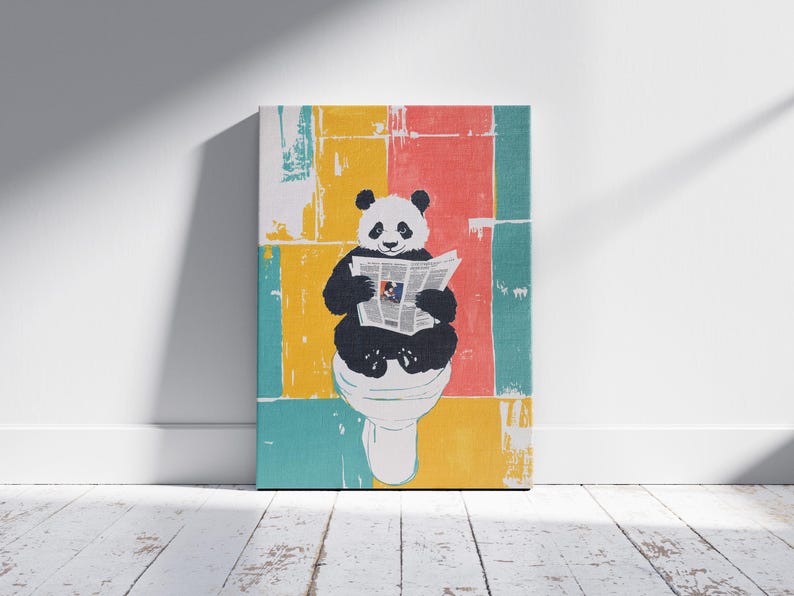 Panda Reading Newspaper on Toilet Painting Bathroom Art Print Funny ...