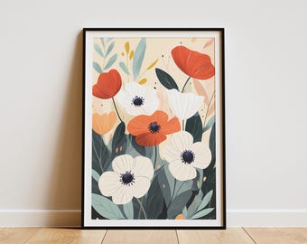 Bohemian Floral Poster Print Botanical Wall Art Anemone Flower Home Decor Gift Red White Flower Illustration Anemones Print