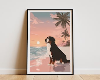 Bernese Mountain Dog Beach Art Print Hawaiian Sunset Poster Coastal Decor Tropical Dog Lover Gift Digital Illustration Wall Art