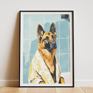 Impresión artística de baño con bata de pastor alemán, póster divertido de animales, regalo para amantes de las mascotas, decoración de pared con perro en bata, arte canino, humor para el baño