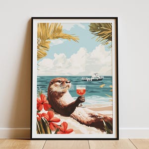 Póster de nutria de playa, póster de vacaciones de verano, impresión artística de animales costeros, linda nutria con bebida, escena de playa tropical, póster de animales del océano divertido