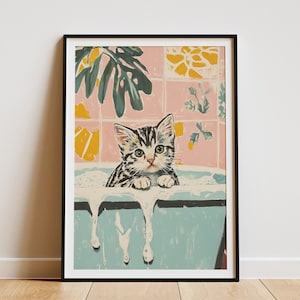 Impresión artística de gatito Scottish Fold, póster de gatito en la bañera, lindo animal, arte de pared, retrato de mascota, ilustración, decoración de guardería, regalo para amantes de los gatitos, hogar