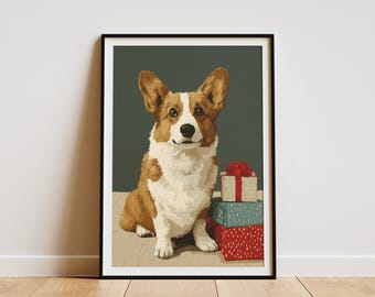 May include: A framed print featuring a charming corgi dog with brown and white fur, sitting next to a stack of three wrapped gift boxes. The gifts are red, blue, and white, with red bows. The background is a muted green.