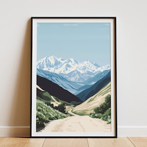 Kazachstan bergketen poster Westelijke Tien Shan reizen print Kirgizië Oezbekistan landschapskunst Centraal-Azië natuur scène besneeuwde top
