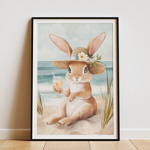 Impresión de cóctel de conejo de playa de verano, lindo arte de conejito, póster de animales costeros, adorable ilustración de conejo, divertida decoración de conejito, animal caprichoso
