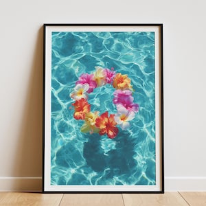 Floating Flower Lei in Pool Hawaiian Travel Poster Tropical Wall Art Print Vacation Home Decor Island Vibes Art Print Summer Art Print
