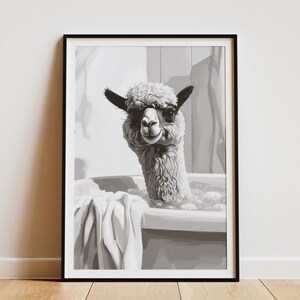 Póster de alpaca para bañera, impresión artística de animales, decoración divertida para el baño, arte de pared de alpaca caprichoso, póster de animales lindos, decoración minimalista para el hogar con alpaca