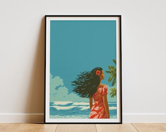May include: Framed art print featuring a woman with long, dark hair and a red floral dress, standing on a beach. The artwork has a tropical theme, with palm trees, ocean waves, and a blue sky. The woman has a flower in her hair.