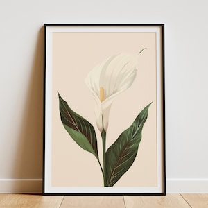 Poster di Spatifillo, arte minimalista con piante da parete, illustrazione botanica, stampa per decorazione domestica.