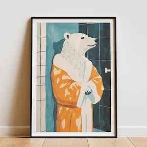 Cuadro de baño con oso polar en bata de baño, impresión artística, póster de animales modernos, oso lindo en pijama, decoración de pared con animales divertidos, arte caprichoso