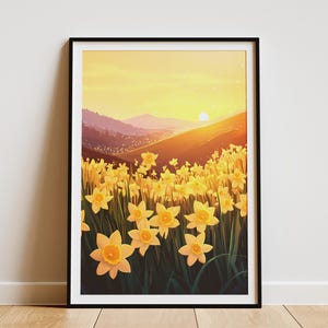 Narcissen heuvel zonsopgang landschap poster gele bloemenweide print lente natuur kunst botanische muur decor bloemen Home decor modern
