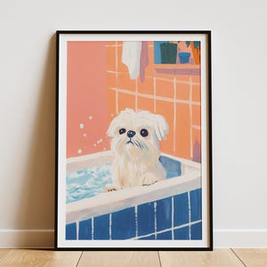 Impresión artística de perro maltés, arte de pared para bañera con espuma, decoración de baño, póster de perro lindo, regalo para amantes de las mascotas, ilustración de perro en la bañera, decoración del hogar