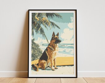 May include: Framed art print featuring a German Shepherd dog sitting on a surfboard at the beach. The artwork has a vintage, stylized look with a palm tree, ocean, and blue sky in the background. The dog is brown and black.