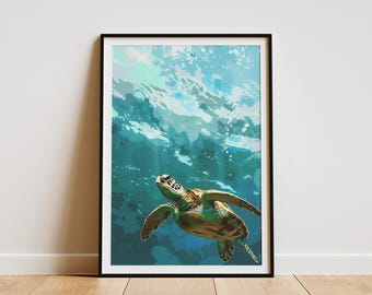 Sea Turtle Poster Ocean Animal Print Watercolor Ocean Art Green Blue Minimalist Wall Decor