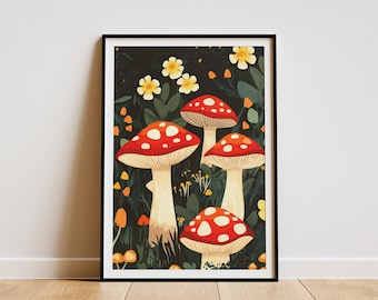 Red Capped Mushroom Forest Print Vibrant Fungi Woodland Wall Art Botanical Illustration Poster Enchanting Nature Decor for Home
