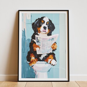 Bernese Mountain Dog Puppy on Toilet Reading Newspaper Art Print Cute Animal Illustration Funny Bathroom Decor Dog Lover Gift Quirky Pet