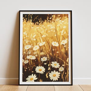 Chamomile Field Poster Golden Hour Meadow Print Floral Wall Art Botanical Illustration Summer Flowers Nature Decor White Daisy Print