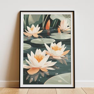 Water Lily Pond Poster Botanical Art Print Calm Nature Wall Decor Peaceful Lily Pads Lake Summer Floral Illustration Lily Flower Art