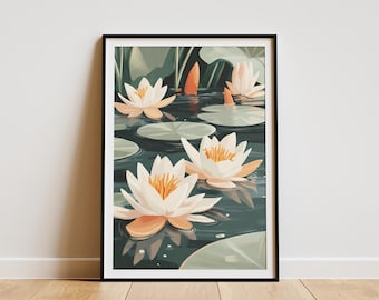 Water Lily Pond Poster Botanical Art Print Calm Nature Wall Decor Peaceful Lily Pads Lake Summer Floral Illustration Lily Flower Art