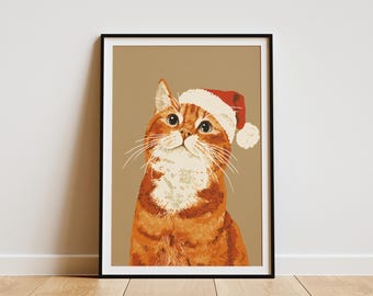 Cute Orange Cat Wearing Santa Hat Christmas Holiday Winter Theme Pet Animal Wall Art Print Home Decor For Cat Lovers Gift