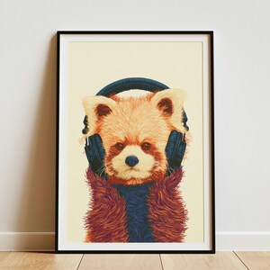 Red Panda Wearing Headphones Art Print Animal Music Lover Gift Cute Woodland Creature Wall Art Kawaii Animal Decor Red Panda Lover Present