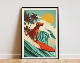 May include: Framed art print featuring a dog surfing on a red surfboard. The illustration has a retro style with a large wave, palm trees, and a yellow sun in the background. The dog is a reddish-brown color.