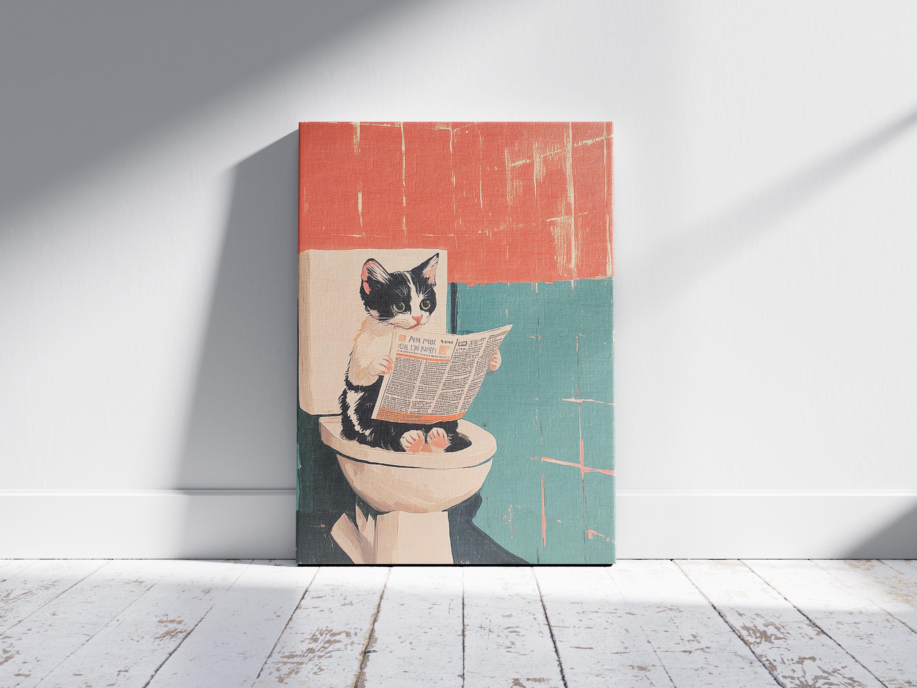 Siamese Kitten Reading Newspaper on Toilet Funny Cat Art Print Bathroom ...