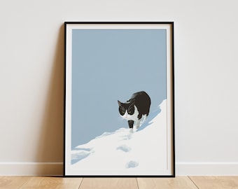 Minimalist Black and White Cat in Snow Art Print Winter Feline Wall Decor Modern Animal Home Decor Snowy Scene Poster Gift for Cat Lovers