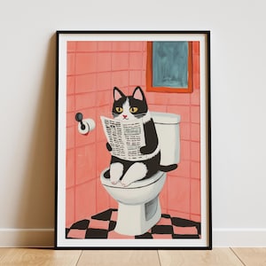 Munchkin Cat On Toilet Newspaper Art Print Bathroom Humor Poster Funny Cat Lover Gift Quirky Bathroom Wall Decor Novelty Art Print Cute Pet