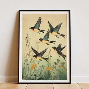 Póster con impresión de pájaros de la pradera y golondrinas, arte vintage de la naturaleza, decoración del hogar, arte de pared con pájaros, golondrinas volando sobre flores, pradera, botánica