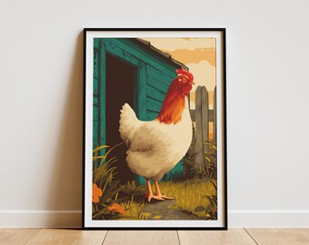 Vintage Chicken Farm Animal Art Print Rooster Hen Barnyard Travel Poster Style Wall Decor Rural Countryside Sunrise Morning Farmhouse Gift