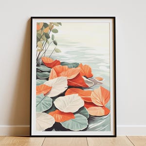 Herbst Blätter schwimmen in Strom Papier Poster Druck Herbstlaub Natur Kunst Aquarell Botanische Illustration Orange Blätter, ruhiges Wasser