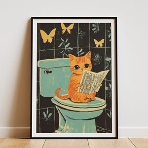 Singapura kitten op toilet krant Art Print grappige kat poster badkamer muur decor grappig huisdier minnaar cadeau grillige dieren illustratie
