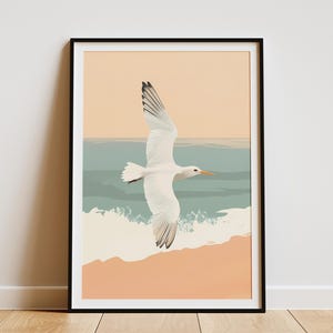 Póster de pájaro de playa, impresión de pájaro tropical, arte de pared de pájaro costero, obra de arte de gaviota, ilustración de animal del océano, decoración del hogar para vacaciones de verano, regalo