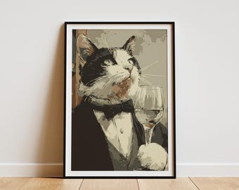 Elegante Katze Portrait Druck Anspruchsvolle Feline Wand Kunst Tier Liebhaber Geschenk Wohnkultur Gentleman Katze Drink Poster