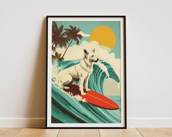 May include: Framed art print featuring a white dog surfing on a red surfboard. The illustration has a vintage style with a turquoise ocean, a yellow sun, and palm trees. The dog is the focal point, riding a large wave.