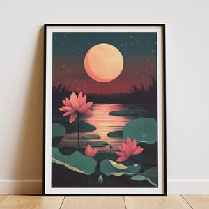 Póster de noche de luna llena con estanque de loto, impresión artística de luna con flores rosas, decoración zen asiática, ilustración botánica, arte de pared de naturaleza, decoración serena a la luz de la luna