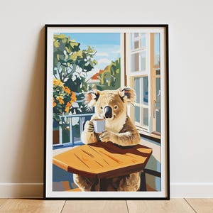 Stampa artistica di Koala Cafe, poster di caffetteria accogliente, illustrazione di animali, arte murale, poster di carta con orso koala che beve caffè, arte di animali carini
